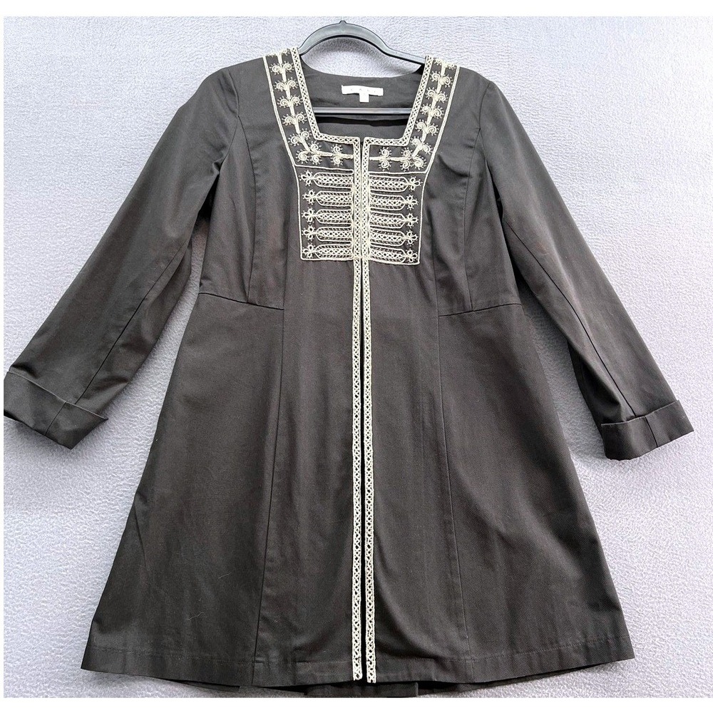 Cabi Dress Coat Womens 8 Black Embroidered Military Style Long Sleeve Cotton
